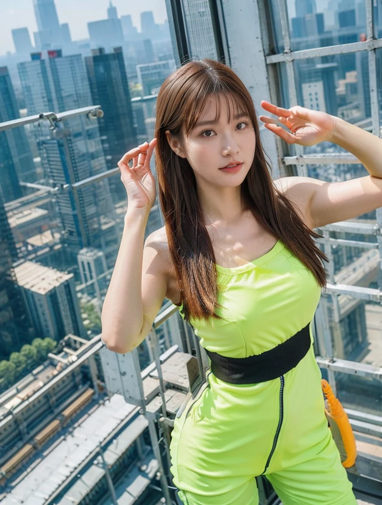 Beautiful woman looking at camera、detailed photo、 person、(Slimed、small tit、flat 、small exy pose:1.2、Wet body、sodden、sexy pose、Wet body、sodden、A slender、From above、Delicate and sexy collarbone、1 woman、toru & Field Athlete、(white Sport Mini Dress)、Painted from head to knee、Show your teeth and laugh out loud、playground