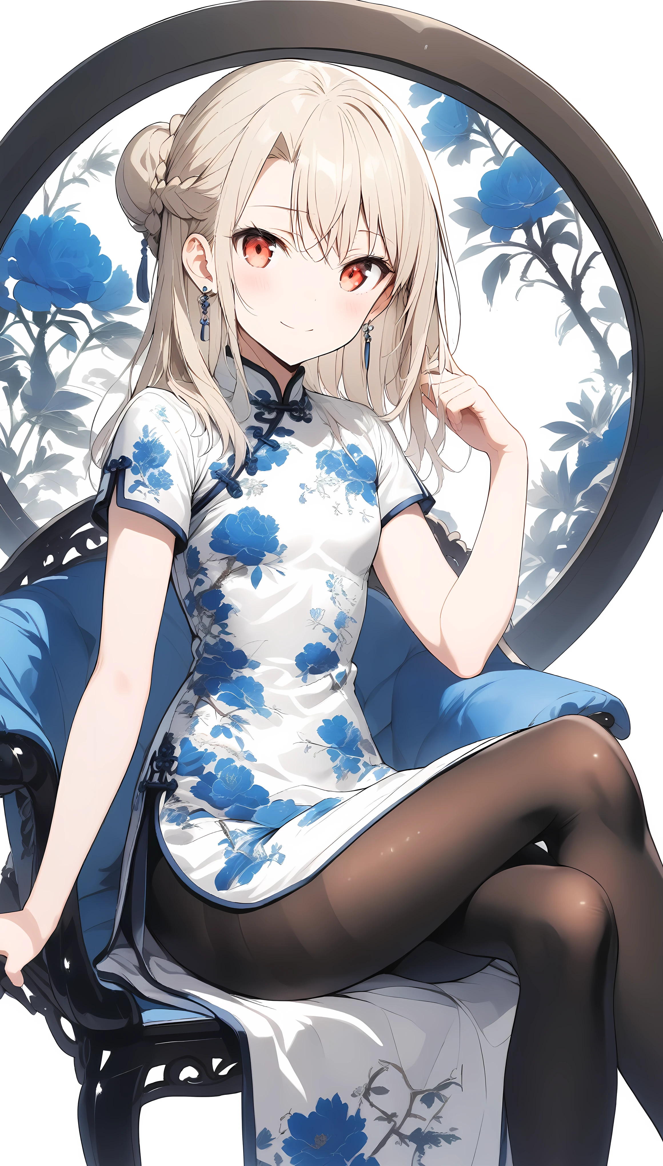 qipao,1girl,(illyasviel von einzbern),red_eyes,cream hair,(french braid),smile,blue flower,breasts,china dress,chinese clothes,dress,earrings,floral print,hand up,sitting,crossed legs,long hair,looking at viewer,pantyhose,print dress,simple background,smile,solo,white background