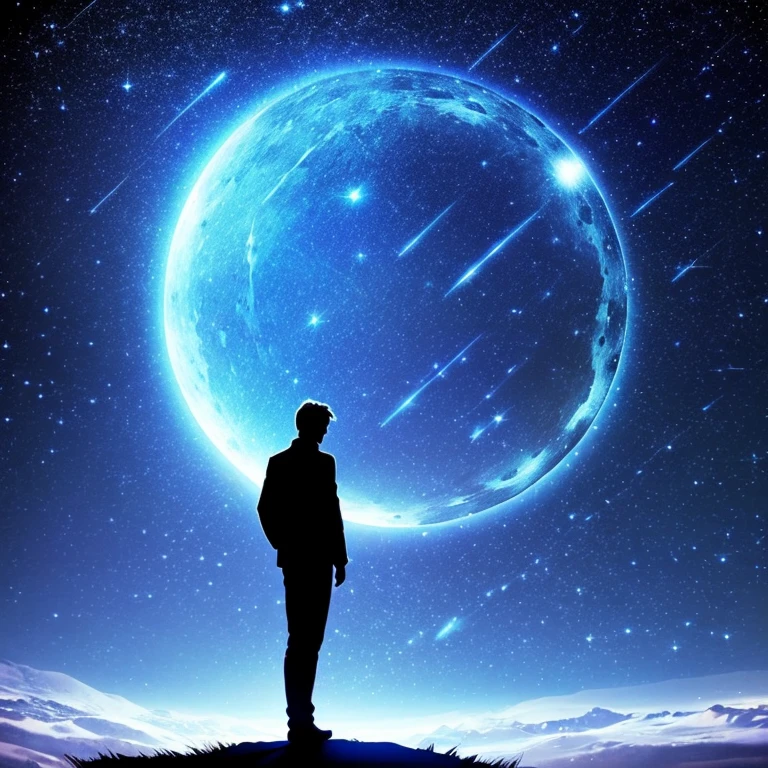 As the clock strikes midnight, a solitary figure sits under the vast expanse of the night sky, mesmerized by the ethereal glow of the dark blue moon, lost in contemplation. What thoughts stir in his mind as he watches this rare celestial spectacle unfold before him? Write a story or poem capturing the essence of this solitary midnight moment.