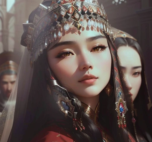 close-up of a woman in a headdress and veil, Ancient Princess Libu, young woman in the image of Genghis Khan, Persian queen, inspired by Liu Ji, frame from a science fiction film, Kazakh empress, Ancient Young Girl Libu, beautiful iranian woman, Persian princess, traditional beauty, more from the movie, screenshot from the film