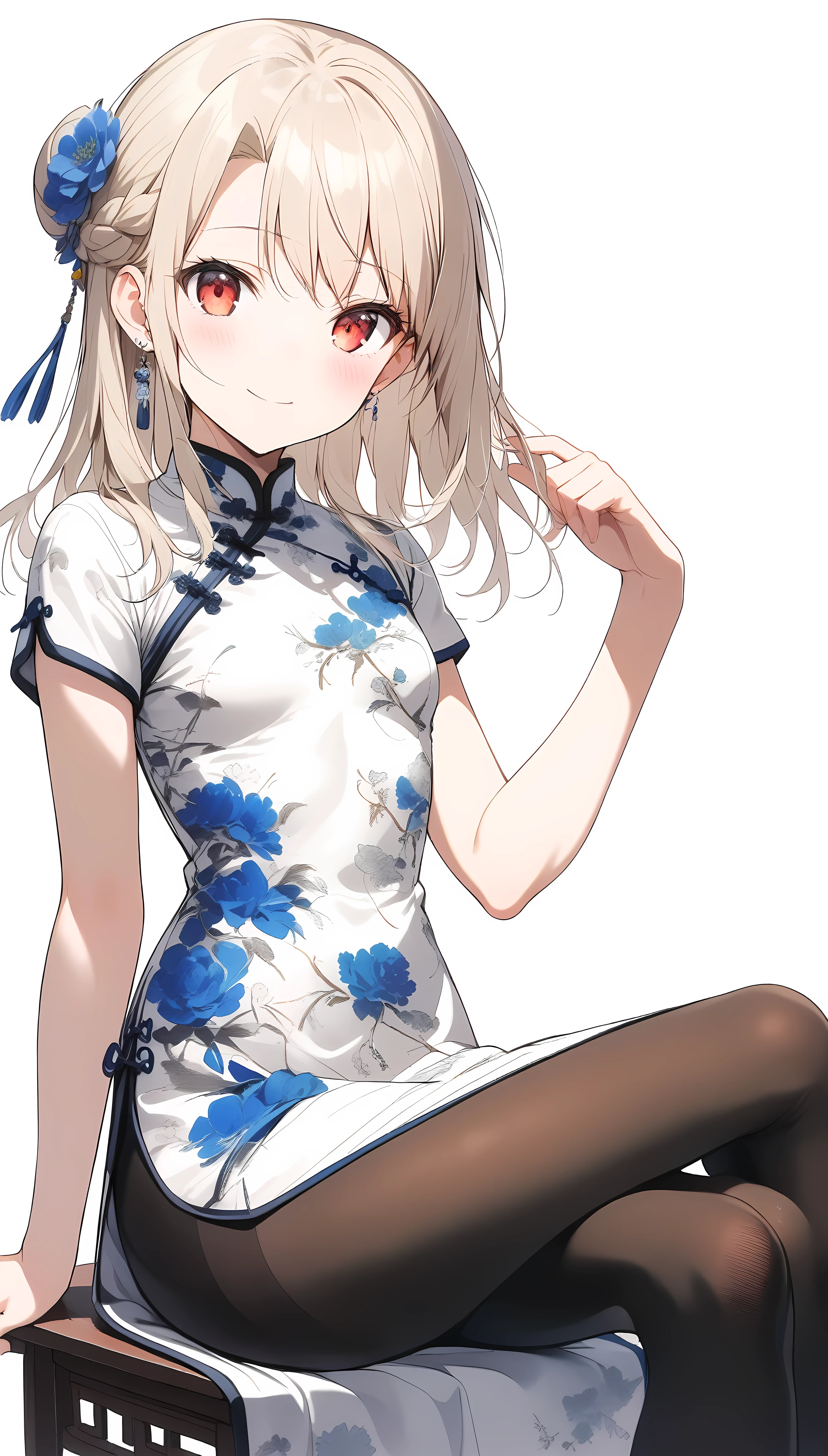 qipao,1girl,(illyasviel von einzbern),red_eyes,cream hair,(french braid),smile,blue flower,breasts,china dress,chinese clothes,dress,earrings,floral print,hand up,sitting,crossed legs,long hair,looking at viewer,pantyhose,print dress,simple background,smile,solo,white background