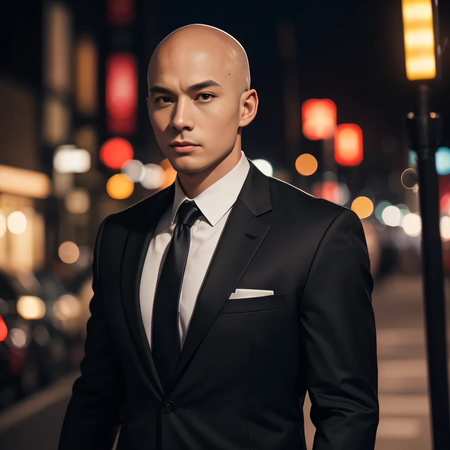 Um careca, Homem de 25 anos, de terno e gravata, walks down the street at night. Segurando uma espingarda realista, homem de preto, vestindo um terno preto and red, Wear a business suitที่เข้มงวด, vestindo um terno preto, Wear a business suit, vestindo um terno preto, Wear a business suit, Wear a business suitสีดำ, em roupas rigorosas, Professional photos with good lighting, lindo chad queixo, Um grande e lindo retrato. Shot with a high quality Fuji 45 camera.,000,000 hyper-realistic pepper cells