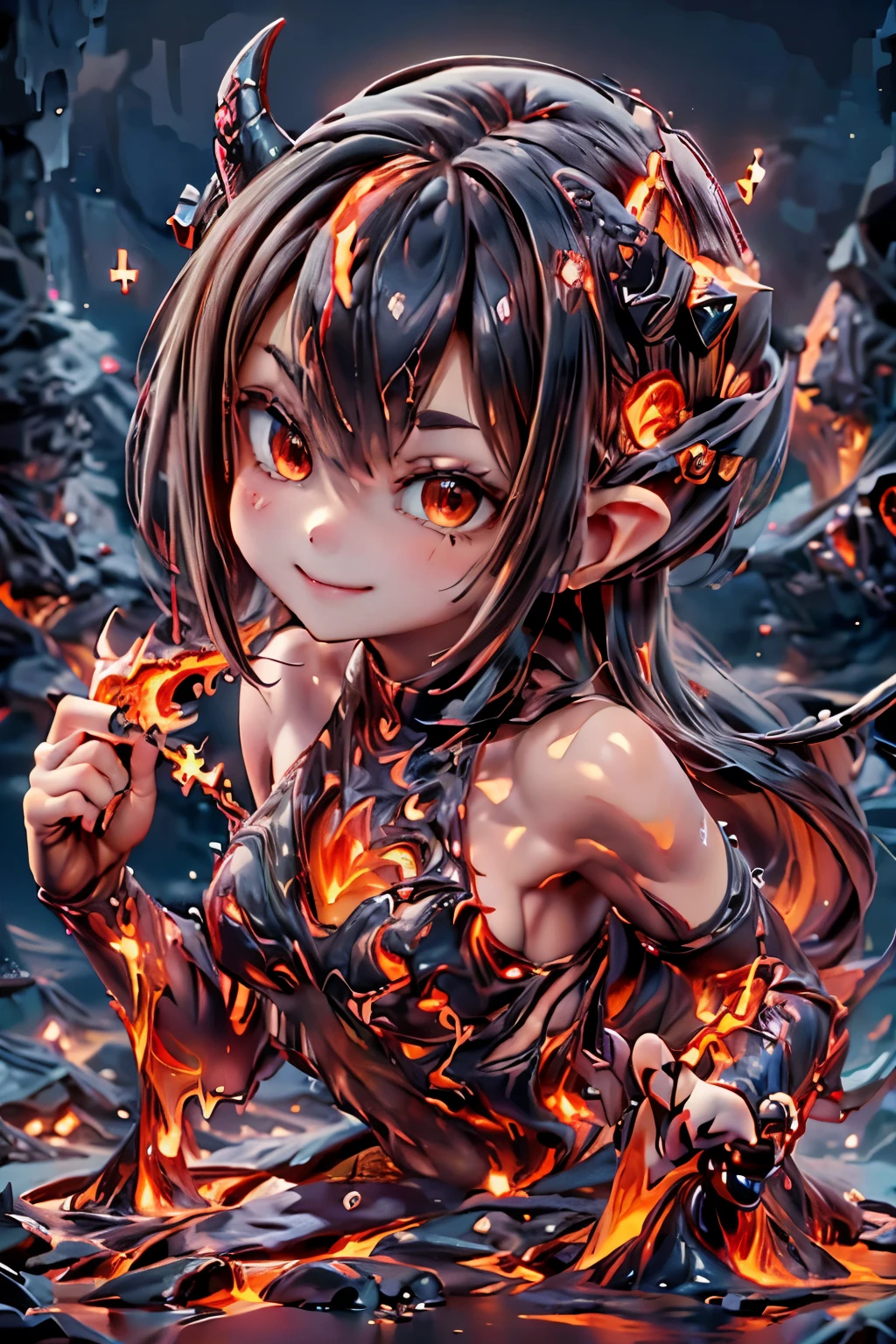 best quality, masterpiece, magma material, a cute horned demon girl smiling (((made of magma))), (((body made of magma))), flesh made of magma, hair made of magma, photoshoot pose, dynamic pose, magma material, SFW