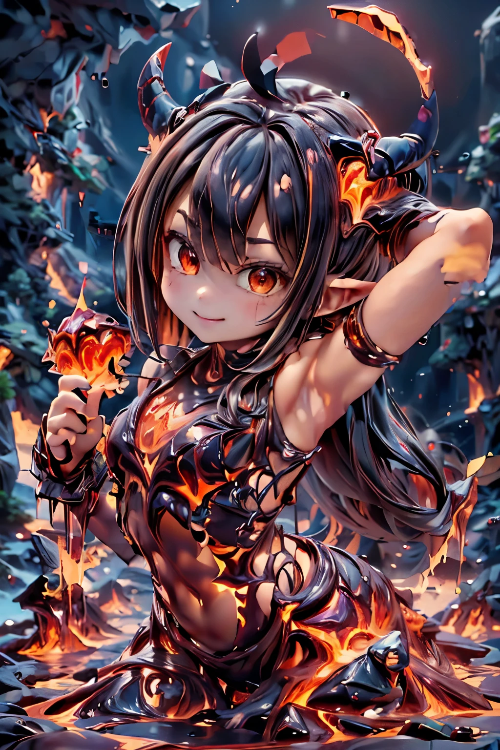 best quality, masterpiece, magma material, a cute horned demon girl smiling (((made of magma))), (((body made of magma))), flesh made of magma, hair made of magma, photoshoot pose, dynamic pose, magma material, SFW