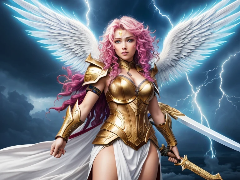 vivid colors,beautiful warrior angel female with big white open wings,surprised face,curly long hair,wielding a sword,looking to with observer,white armor with gold embroid details, dynamic angle, storm sky and lightning clouds background