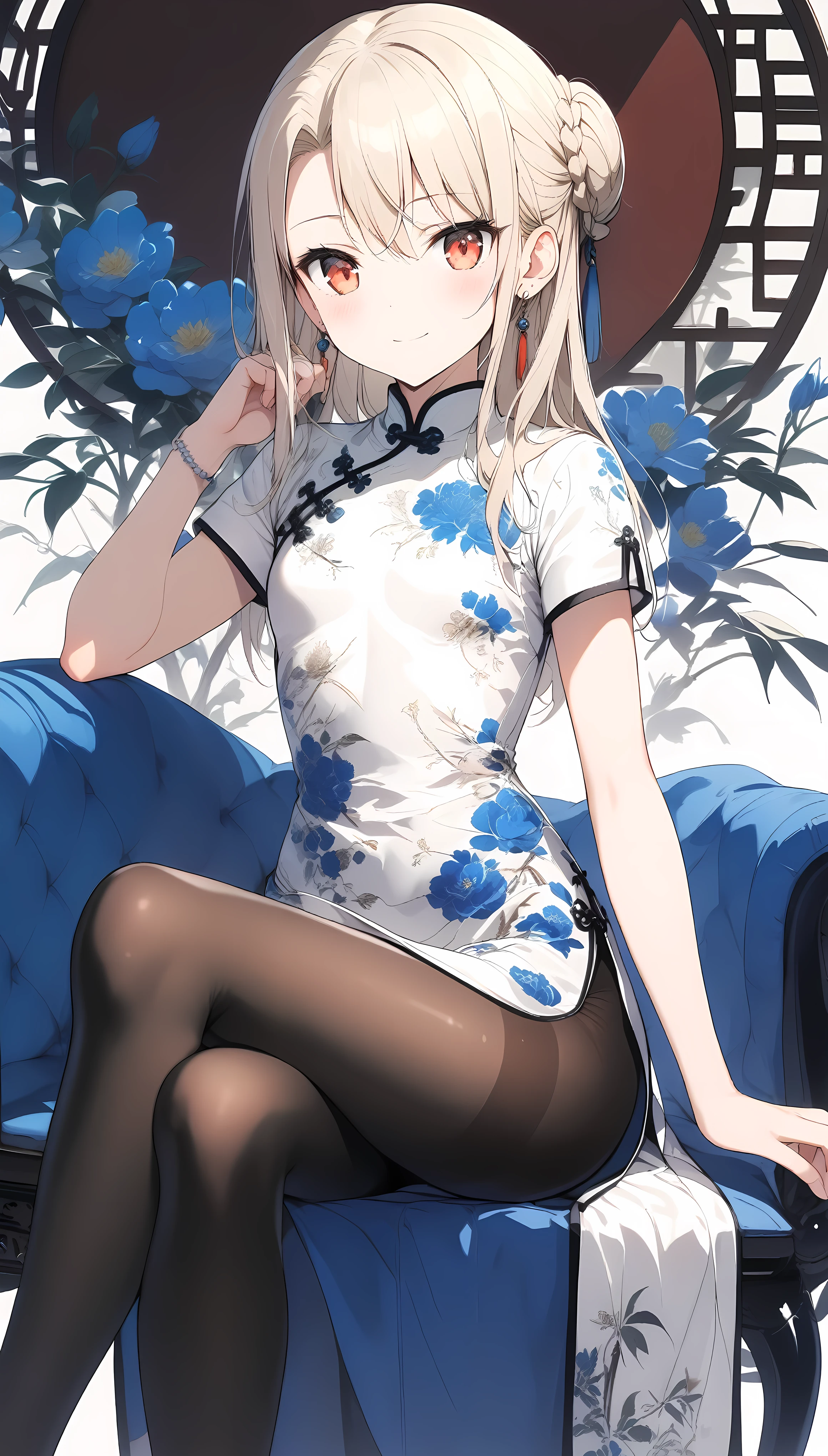 qipao,1girl,(illyasviel von einzbern),red_eyes,cream hair,(french braid),smile,blue flower,breasts,china dress,chinese clothes,dress,earrings,floral print,cloth shoes,hand up,sitting,crossed legs,long hair,looking at viewer,pantyhose,print dress,simple background,smile,solo,white background