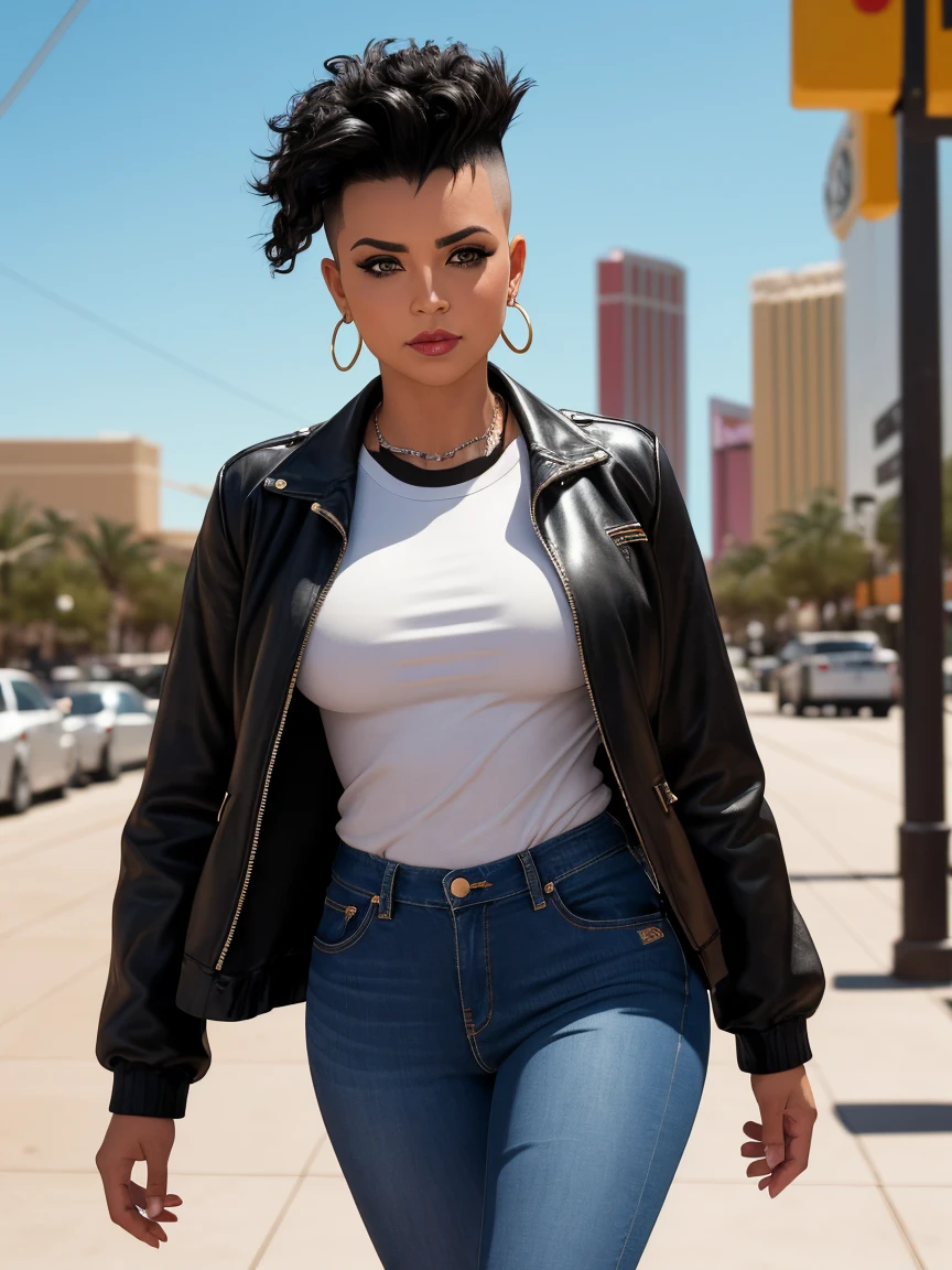 1 mujer, peinado Mohawk, pelo mohawk, pelaje negro, pelaje negro, realista, Una mujer lanzando peso con un top corto y jeans ajustados caminando por Las Vegas, top corto, chaqueta corta de cuero negra, chaqueta de cuero negro corta, vaqueros apretados, tacones, tacones , de buen tono, 35mm photography, Movie, bokeh, profesional, 4k, muy detallado, Las Vegas