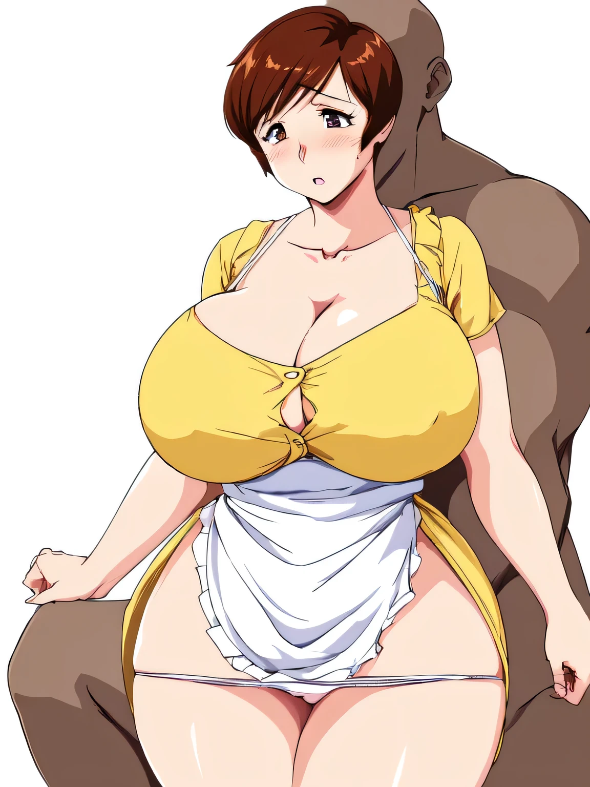 masterpiece, highest quality, High resolution, 1girl, 1boy, The man is obese and has a shaved head., Men are naked, ((((Sexual intercourse, porn image, hard porn, hetero)))), short hair, etsukoto, Detailed eyes, Detailed eyes, (((thick thighs, plamp thighs, voluptuous thighs, ample thighs))), Big and ample breasts, cleavage, Huge long breasts, Naughty big,((Big breasts are important))、((Naughty thighs)), L Cup, (thin:1.4),(Thin waist:1.4), (Perfect beautiful yellow dress:1.4), ((White waist apron)), Embarrassed look, look away, (((simple background))), ((white panty)), ((wide hips)), Shiny oily skin, Mature mother, Calf, Seductive mature woman, Perfect body, ((flesy)), Plus Size Model, etsukoto, blush, clavicle, retro artstyle, 1990s (style), ((her clothes are undressed by a naked man)), naked, ((())),