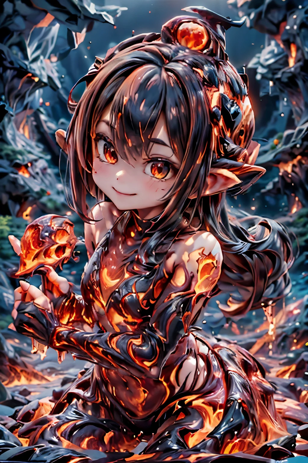 best quality, masterpiece, magma material, a cute horned demon girl smiling (((made of magma))), (((body made of magma))), flesh made of magma, ((hair lava material)), photoshoot pose, dynamic pose, magma material, SFW