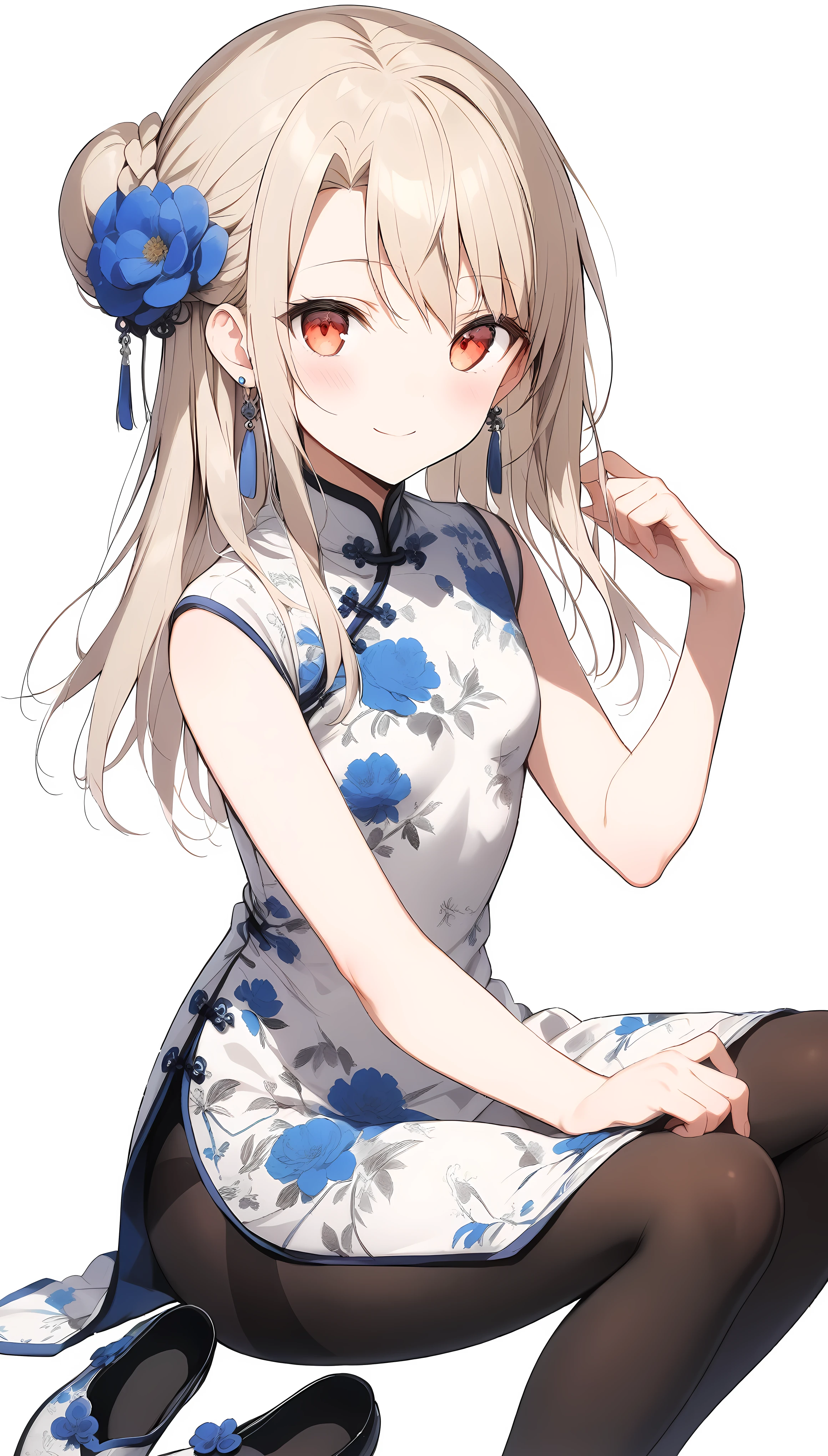 qipao,1girl,(illyasviel von einzbern),red_eyes,cream hair,(french braid),smile,blue flower,breasts,china dress,chinese clothes,dress,earrings,floral print,cloth shoes,hand up,sitting,long hair,looking at viewer,pantyhose,print dress,simple background,smile,solo,white background