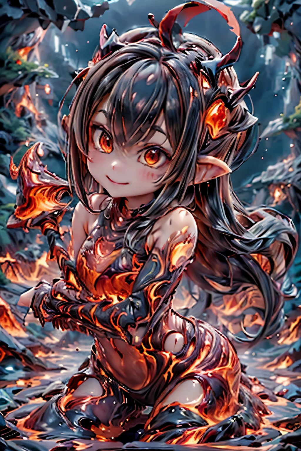 best quality, masterpiece, magma material, a cute horned demon girl smiling (((made of magma))), (((body made of magma))), flesh made of magma, ((hair lava material)), photoshoot pose, dynamic pose, magma material, SFW