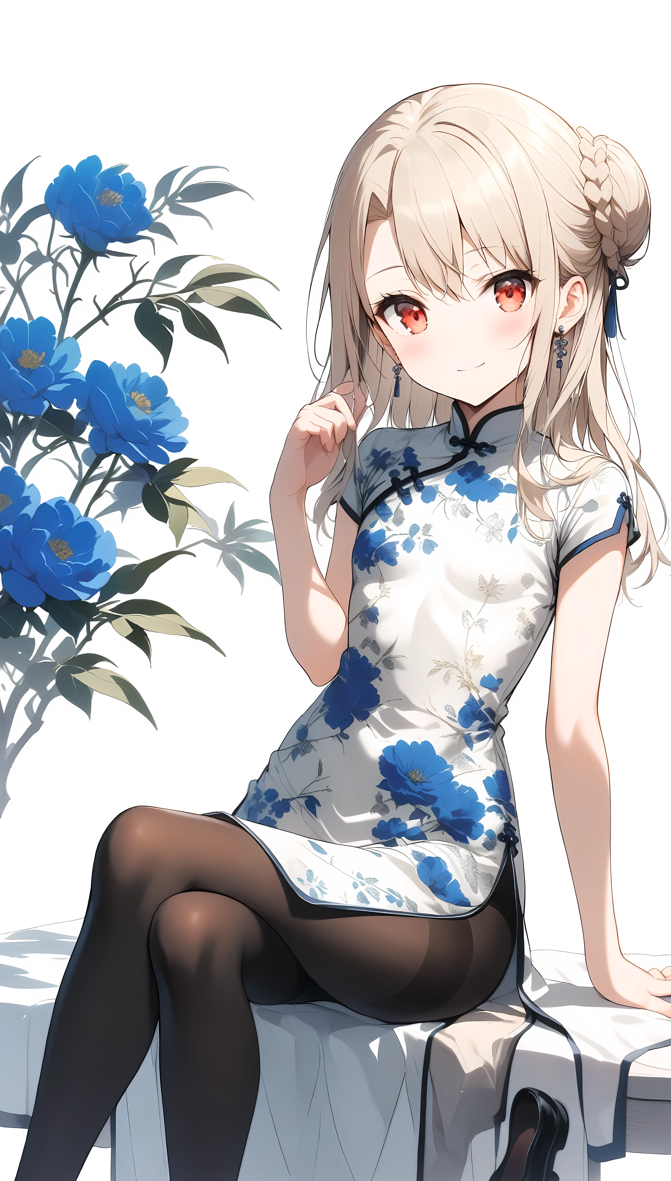 qipao,1girl,(illyasviel von einzbern),red_eyes,cream hair,(french braid),smile,blue flower,breasts,china dress,chinese clothes,dress,earrings,floral print,cloth shoes,hand up,sitting,long hair,looking at viewer,pantyhose,print dress,simple background,smile,solo,white background