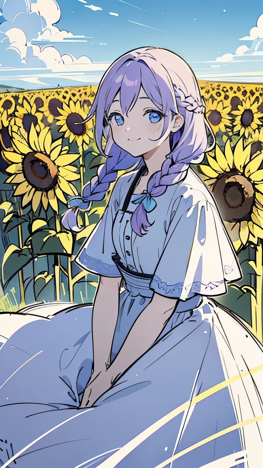 Line art, masterpiece, highest quality, Super Detail、Braid,,((((Sketchy touch)))),Light purple hair、Beautiful bright blue eyes,Multi-colored hair、Sunflower field,Pale background,smile,Beautiful blue sky