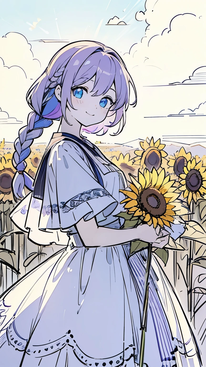 Line art, masterpiece, highest quality, Super Detail、Braid,,((((Sketchy touch)))),Light purple hair、Beautiful bright blue eyes,Multi-colored hair、Sunflower field,Pale background,smile,Beautiful blue sky
