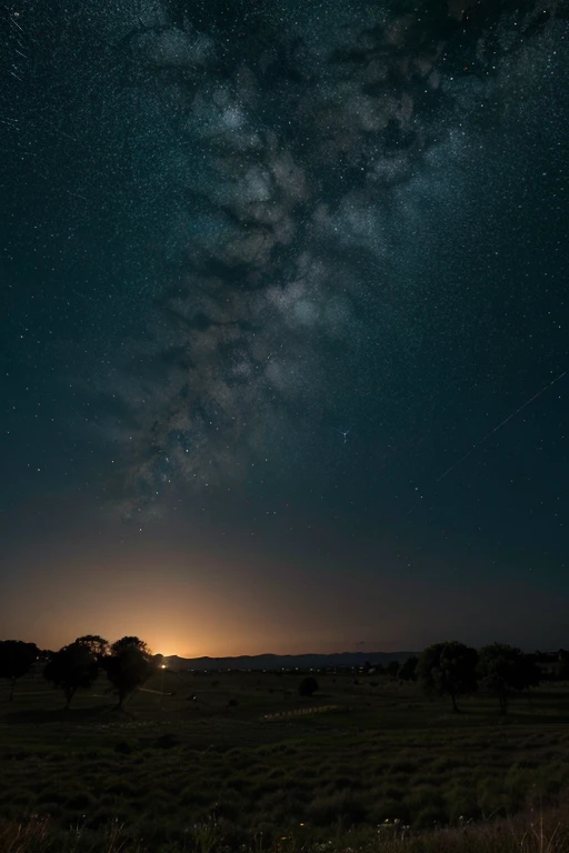 paisaje de campo con estrellas y planetas de fondo