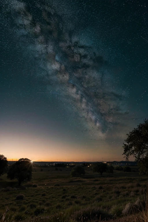 paisaje de campo con estrellas y planetas de fondo