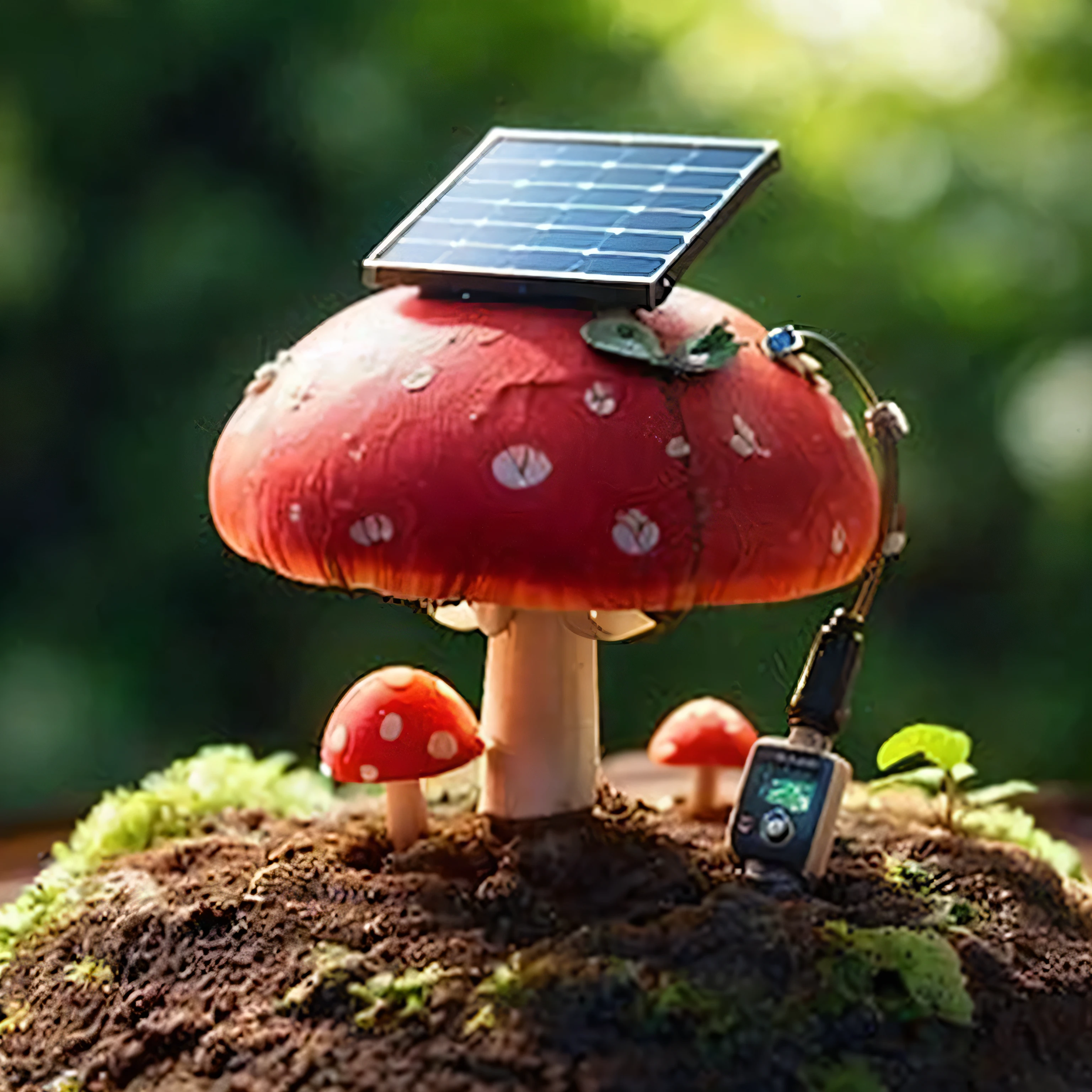 To this image I need to add a small screen that measures the temperature and is located 1 centimeter below the solar panel of the mushroom and also maintains the characteristics it has.