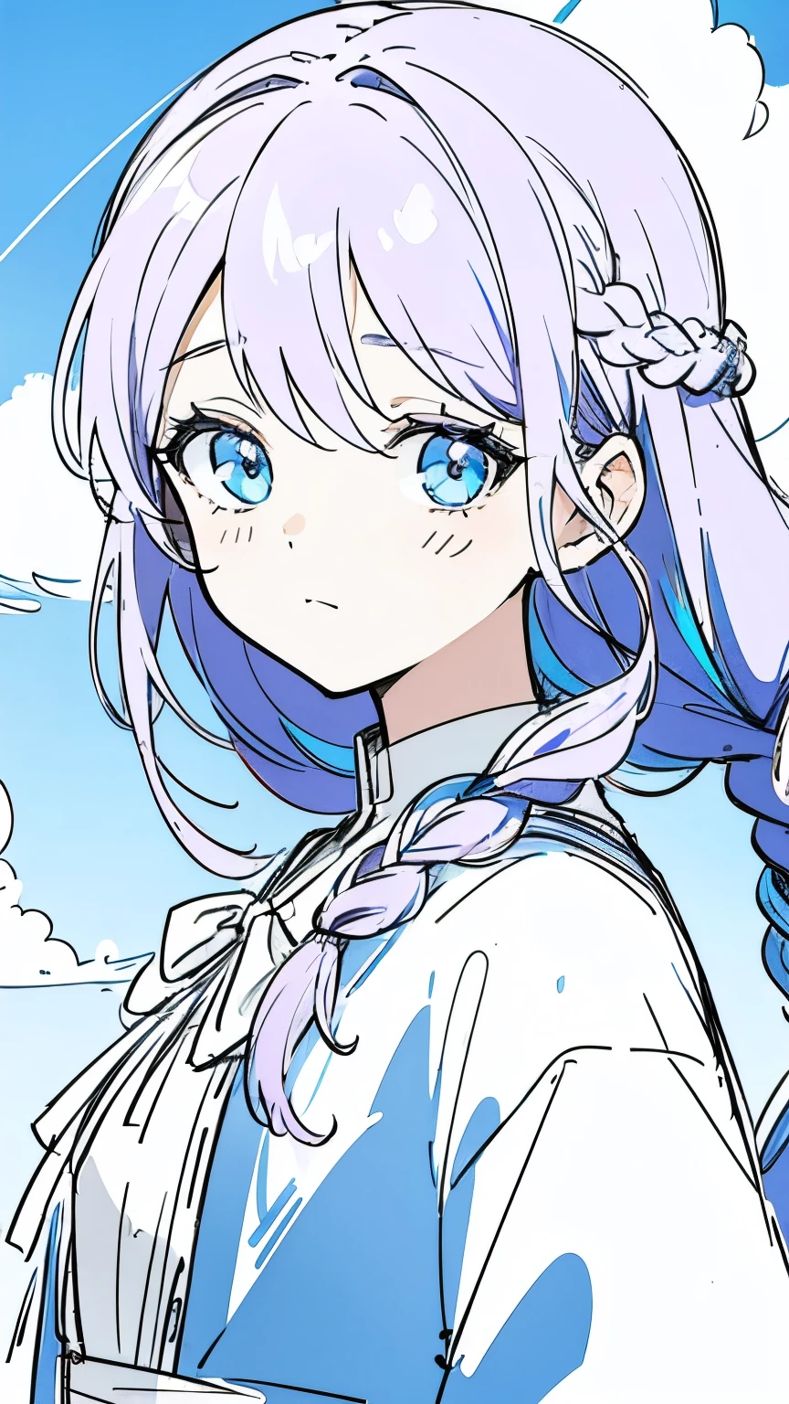 Line art, masterpiece, highest quality, Super Detail、Braid,,((((Sketchy touch)))),Light purple hair、Beautiful bright blue eyes,Multi-colored hair,Beautiful clear blue sky