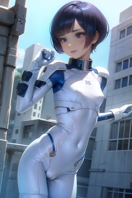 White combat suit with blue pattern, pretty girl, Pixie Cut Hair, Small , Flat , Outdoor, blue sky, Canon, masterpiece, high quality, Attention to detail, Textured skin