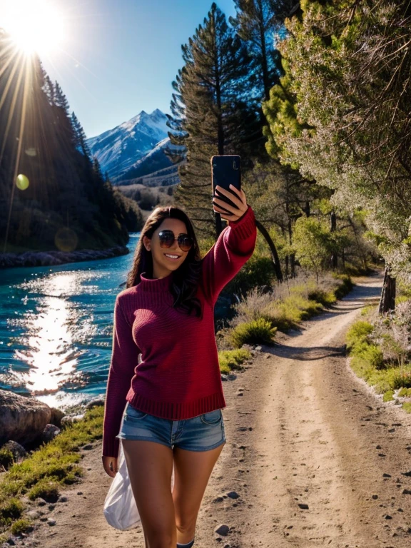 VeronicaCipher ((parte superior del cuerpo selfie, feliz)), Obra maestra, mejor calidad, ultra detallado, solo, al aire libre, (noche), mountains, naturaleza, (estrellas, luna) alegre, feliz, mochila, bolsa de dormir, estufa de camping, botella de agua, Mountain boots, guantes, sweater, tiene, Linterna, bosque, rocas, river, madera, fumar, oscuridad, contrast, Cielo limpio, analog style (mirar al espectador:1.2) (Textura de la piel) (film grain:1.3), (warm tone, warm tone) :1.2), de cerca, cinematic light, side lighting, ultra high resolution, mejor sombra, crudo, parte superior del cuerpo, , vistiendo jersey kodak vision 3,