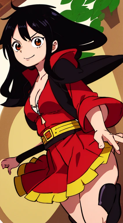 Female version of Monkey D Luffy, 1girl, black long hair, Strawhat, black top, red open coat, black skirt, best quality, masterpiece, smiling, red heels,  cute, sexy, scar under left eye, anime, golden belt, extremely beautiful, highres, high quality eyes, ((masterpiece)), (best quality), (extremely detailed), depth of field, sketch, dark intense shadows, sharp focus, soft lighting, hdr, colorful, good composition, spectacular, anime screencap, (Highest quality illustrations:1.2), (Kawaii Girl:1.1), (1girl in, solo:1.5), One pose、Neat and clean image、ultradetailed eyes:1.2), ((black-eyed、Black hair:1.5))、hair wavy、curlyhair、taken from the under,huge smile、hair wavy、BREAK(top-quality、ultra-detailliert、highly detailed and beautiful、超A high resolution、Detailed arm:1.2)、sideways Facing、a closeup、bustup, Wink,  beautiful garden in background,