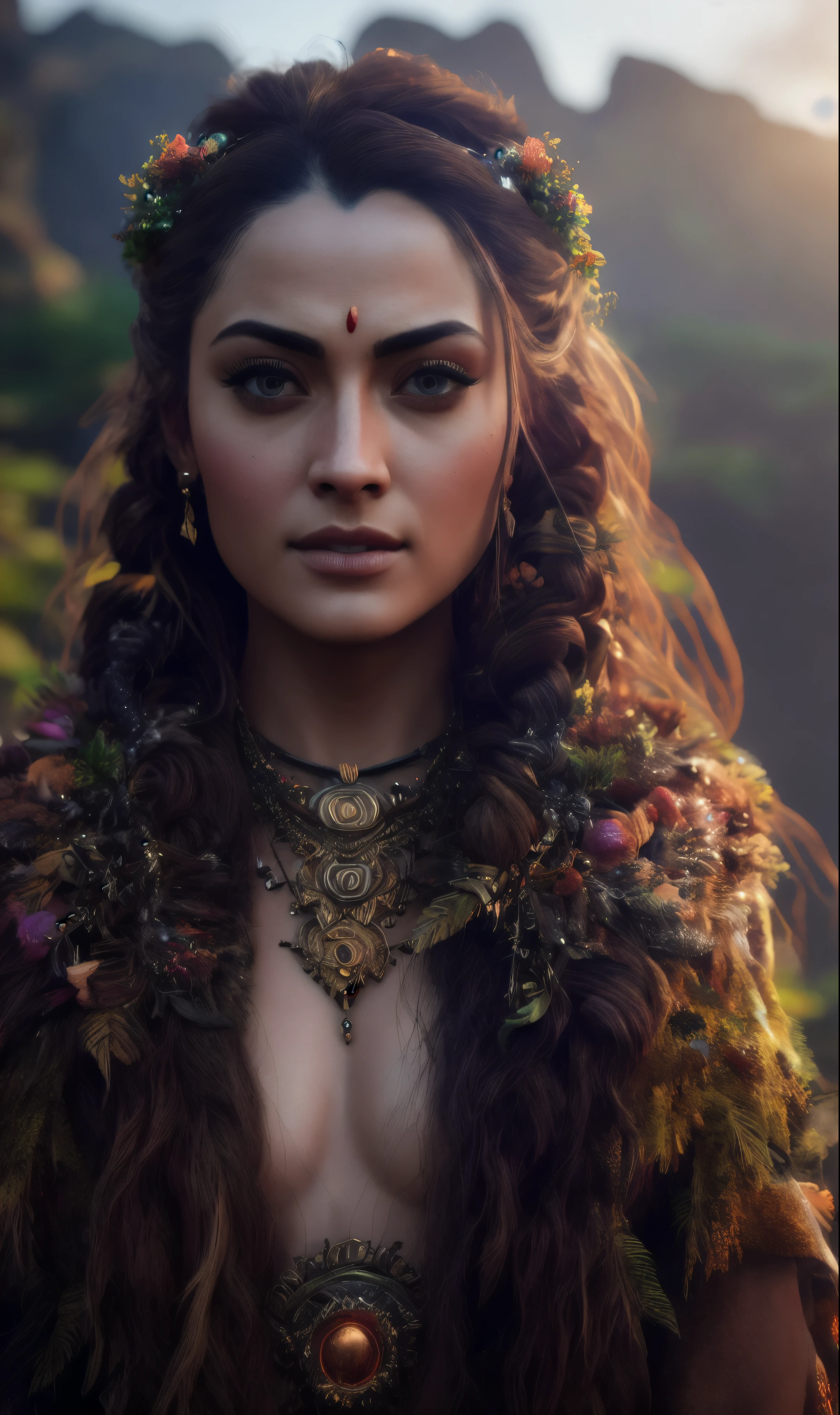 Looks like Sandeepa Dhar, ultra realistic photography, perfectly centered medium upper shot of Aloy from horizon zero dawn, creatures from horizon zero dawn jungle cliffs in the background, looking at viewer, fashion pose, extremely detailed eyes, detailed symmetric realistic face, extremely detailed natural texture, detailed peach fuzz, messy hair, masterpiece, absurdres, award winning photo by lee jeffries, nikon d850 film stock photograph, kodak portra 400 camera f1.6 lens,  depth of field, extremely detailed, amazing, fine detail, rich colors, hyper realistic lifelike texture, dramatic lighting, unrealengine, trending on artstation, cinestill 800 tungsten, photo realistic, RAW photo, TanvirTamim, high quality, highres, sharp focus, extremely detailed, cinematic lighting, 8k uhd, high definition, cinematic, neoprene, behance contest winner, featured on unsplash, cgsociety, unreal engine 5, ultra sharp focus