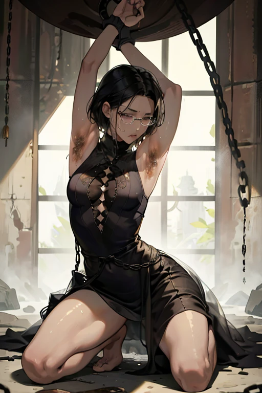 woman,Black Hair、short hair、Bobcut、Big eyebrows、成熟したwoman、Big Lips、Visible nipples、Large Breasts、L Cup Breast、Crying face、Watery eye、刑務所に排尿するwoman、Black maxi dress、Squat positions、Spread your legs、Sweat、barefoot、Front of body、In the cage、Round Glasses、Chained hands、Exposed armpits、Hairy armpits、Armpit hair