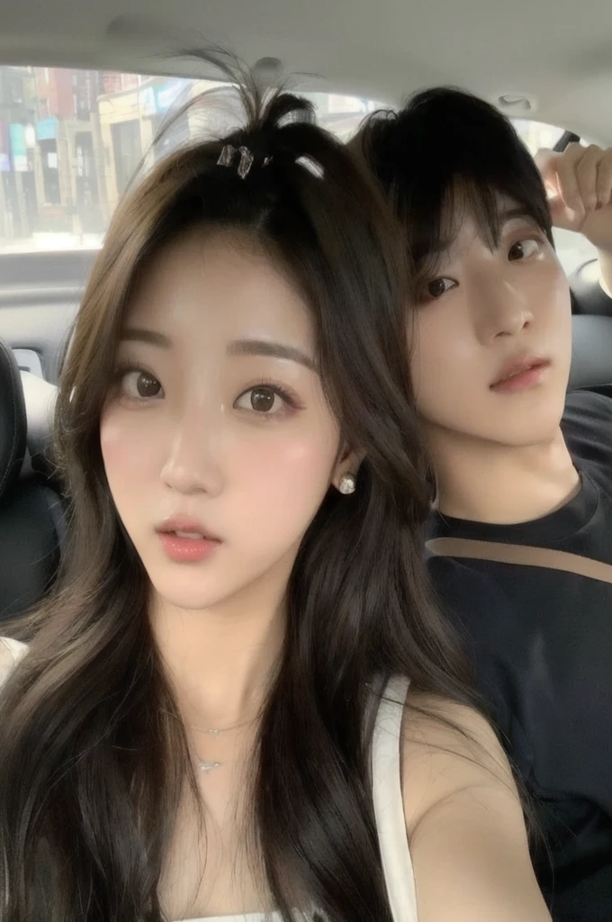 araffes en un coche con un hombre y una mujer, Jihyo de twice, Hoseok de bts, enamorados, ulzzang, imagen filtrada, pareja adorable, selfie enamorado, son Hoseok de BTS y Park Jihyo de Twice