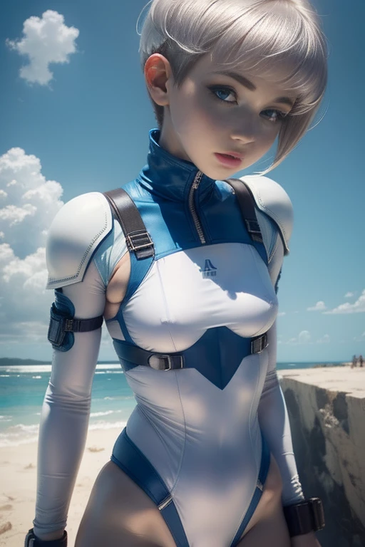 White combat suit with blue pattern, pretty girl, Pixie Cut Hair, Small breasts, Flat Chest, Outdoor, blue sky, Canon, masterpiece, high quality, Attention to detail, Textured skin