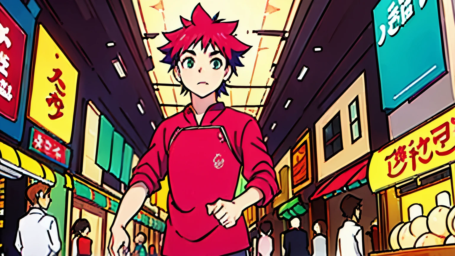a wide-eyed young man character enters a bustling marketplace, drawn towards the vibrant stalls in style shokugeki no Soma