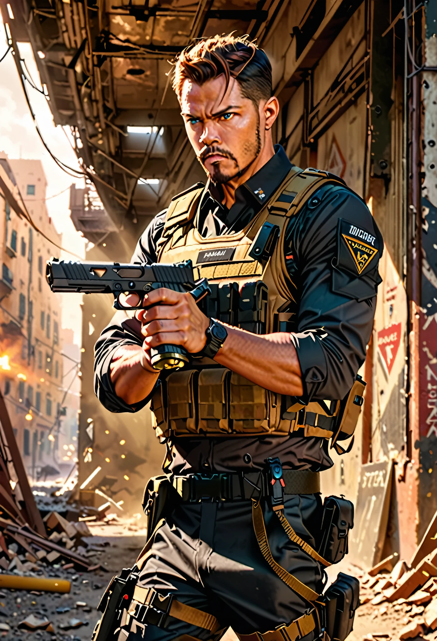 masterpiece, best quality, Soldier with dark uniform, using pistol with one hand, using pistol, STI 1911, ruined background, realistic, stylish, rutkowski, goatee, brown hair, buzz hair, blue eyes, tactical vest, intricate details, hyperdetailed, cinematic, rim light, danger atmosphere