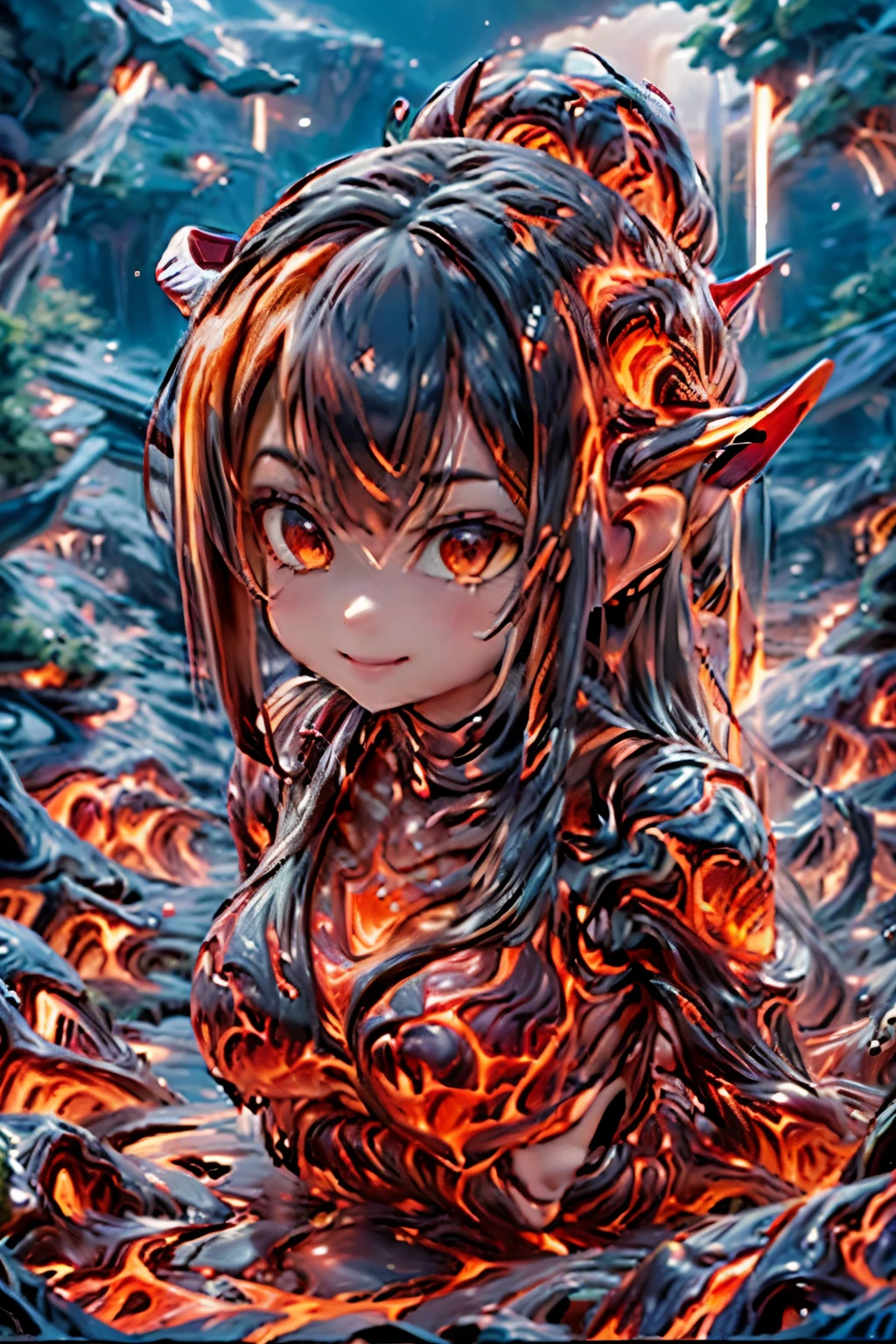 best quality, masterpiece, magma material, a beautiful horned demon girl smiling (((made of magma))), (((body made of lava))), flesh made of lava, ((hair made of lava material)), photoshoot pose, dynamic pose, lava material, SFW