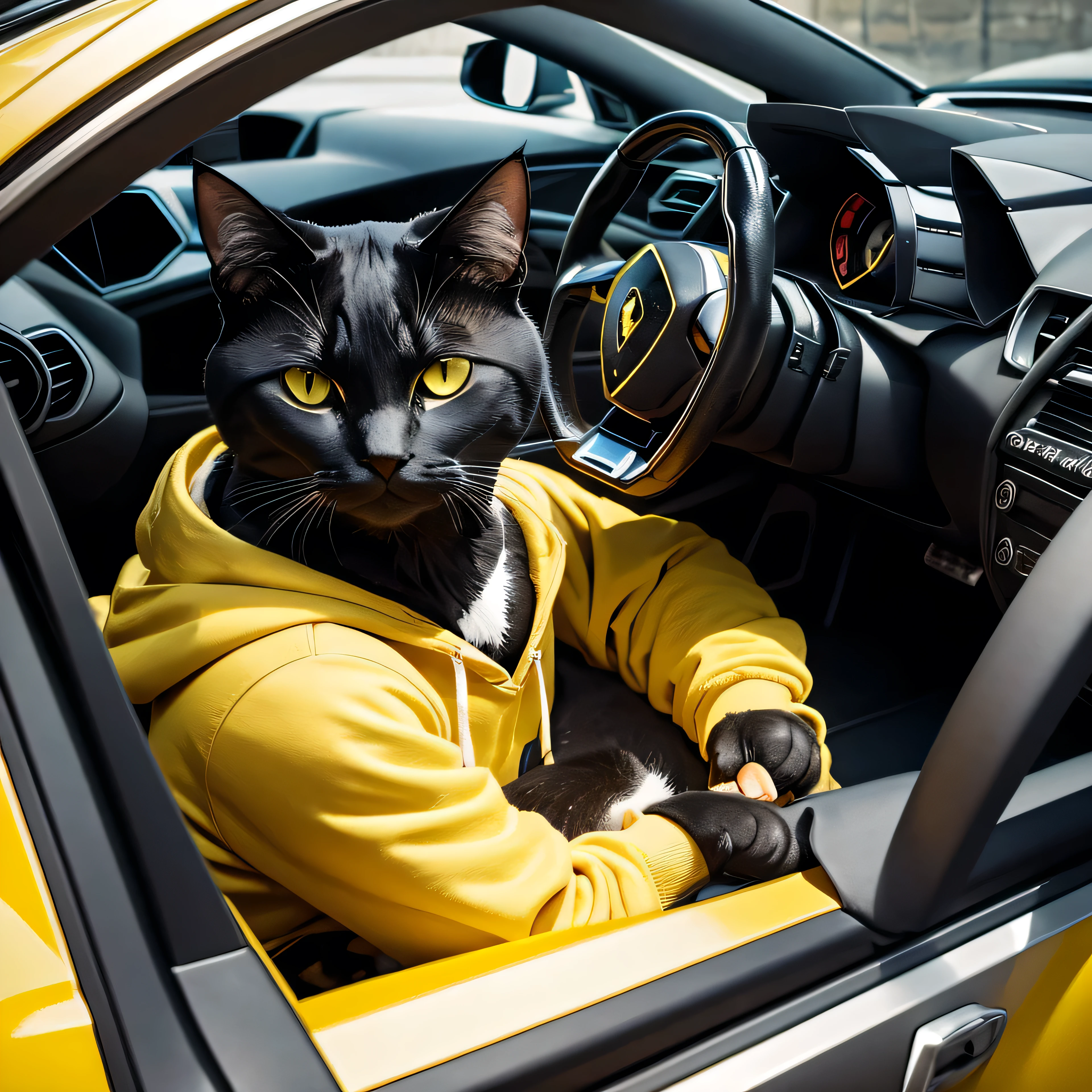 Cat with yellow hoodie with H blingbling driving Lamborghini