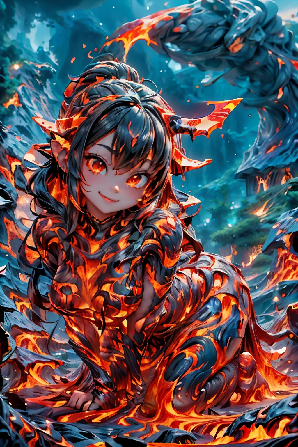 best quality, masterpiece, magma material, a beautiful horned demon girl smiling (((made of magma))), (((body made of lava))), flesh made of lava, ((hair made of lava material)), photoshoot pose, dynamic pose, lava material, SFW