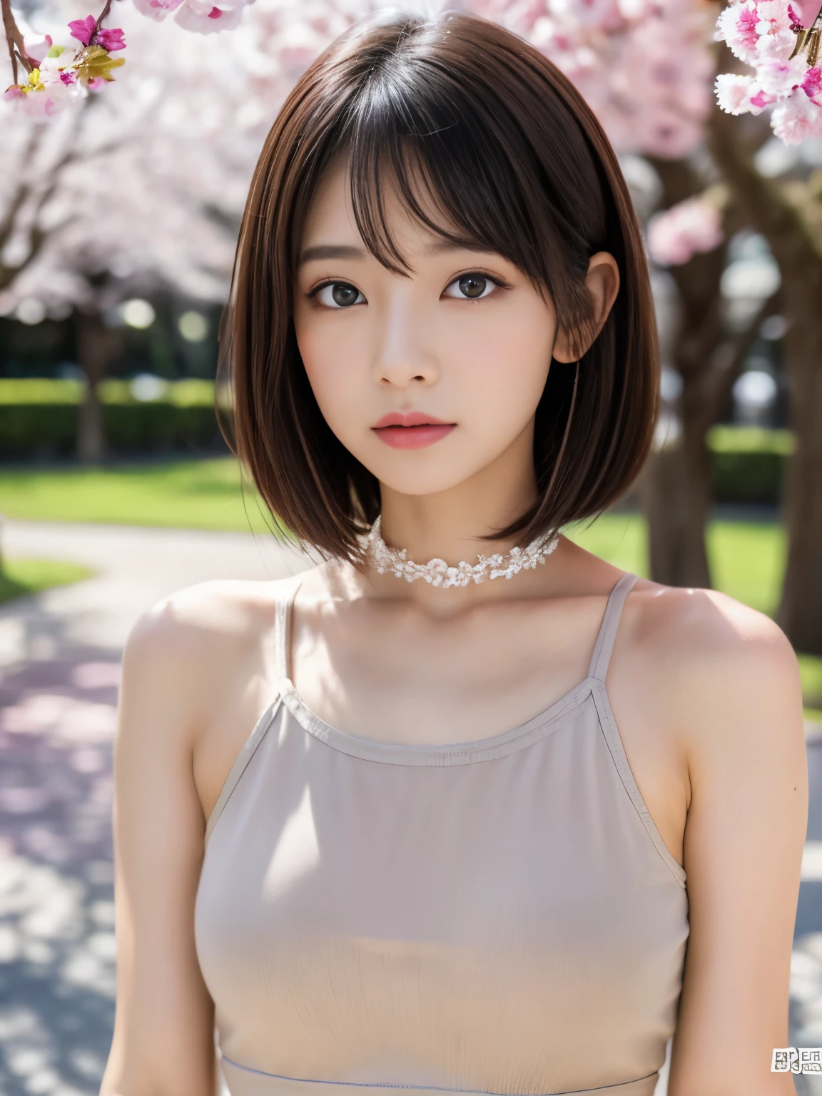 Sakura Park、((highest quality、8k、masterpiece:1.3))、Beautiful actress、Japanese women、Age 35、1 female、Big Tits:1.3、Slim figure:1.1、Very Short Hair、Racing Tank Top、Underbab、mini skirt、ダメージデニムmini skirt、choker、Ultra detailed face、Detailed lips、Detailed eyes、double eyelid、Place your hands behind your head、