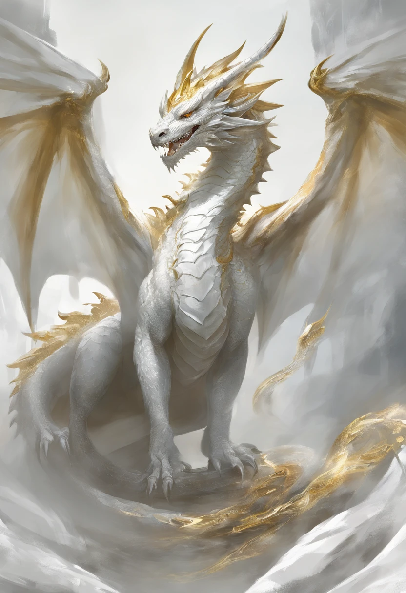 mythology，Dragon , white color with gold.  soft delicate draconic features, soft head features