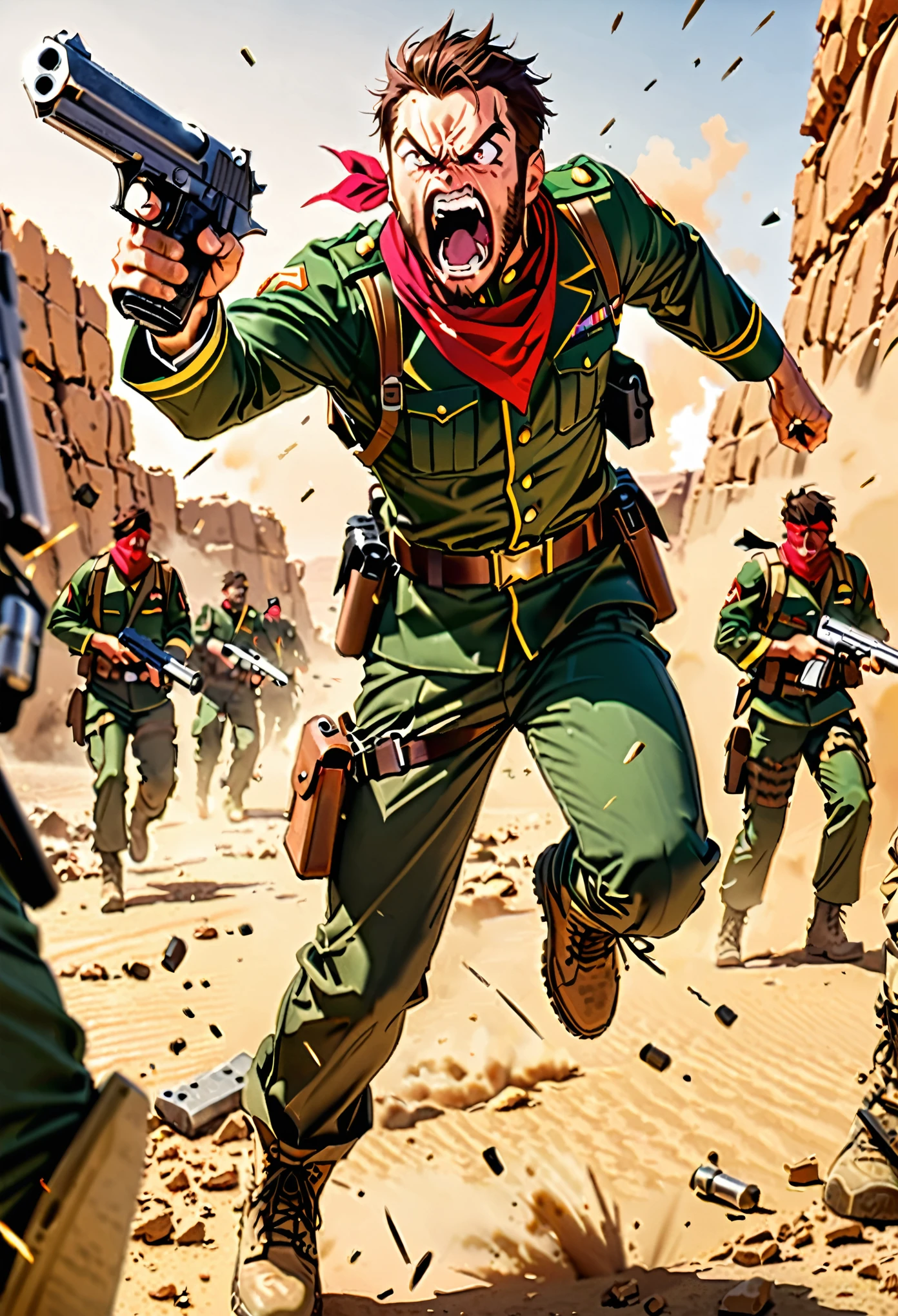 masterpiece, best quality, male focus, solo, solo focus, mercenary, brown hair, hazel eyes, facial hair, bullet belt, green uniform, combat boots, red bandana, (using pistol, desert eagle pistol) (angry, screaming, open mouth), war zone