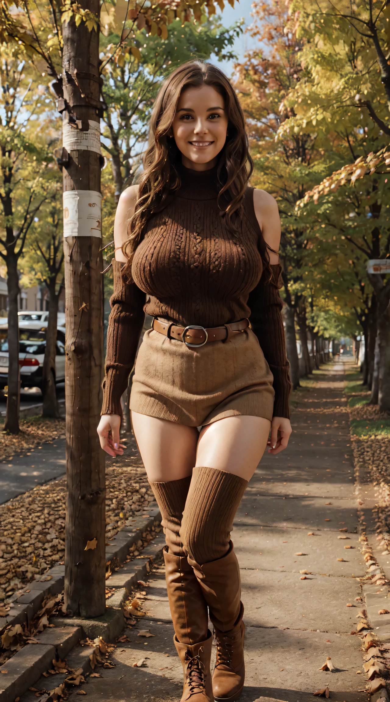 masterpiece,best quality,ultra detailed,8k,tall,big female,gigantic breasts,young,30 years old,medium hair,wavy hair,brown hair,hairclip,happy,smile,brown sweater,ribbed sweater,bare shoulders,detached sleeves,belt buckle,black tights,boots,strapless,fall leaves,park,autumn leaves,outdoors,full body, standing 