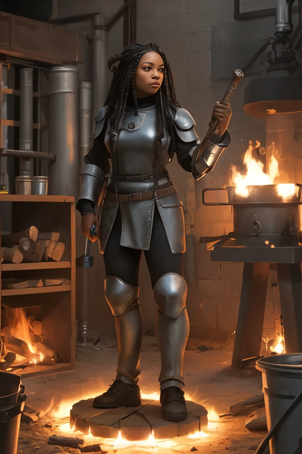 A dwarf black woman with braided hair holding a small hammer using a full body metal armor, inside of a forge working
