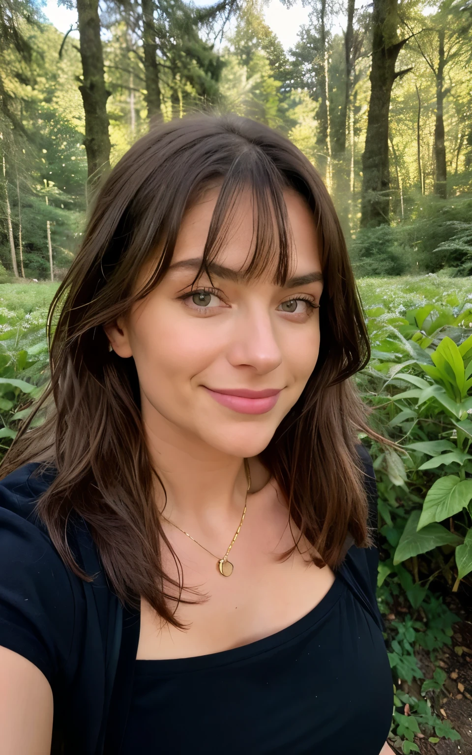 fotorealistisch, best quality, Hyper detailliert, gorgeous woman, Selfie-Foto, upper body, frisch, (Nacht), waldlandschaft in deutschland, Die Natur des wirklichen Lebens, Sterne, Welt, (smile、Eine dunkelhaarige Frau mit einem Zopf hinten und vorne, two strands left and right and usually a fringe、vierundzwanzig Jahre alt), Taschenlampen, Wald, Felsbrocken, Fluss, Holz, Rauch, Zahn, Kristallklarer Himmel, goldene kleine halskette, golden fingernails, Blick auf den Betrachter, Hautstruktur, Filmkorn, Nahaufnahme, Super high resolution, Bester Schatten, .roh, Instagram-LUT, nackt, grosse nippel