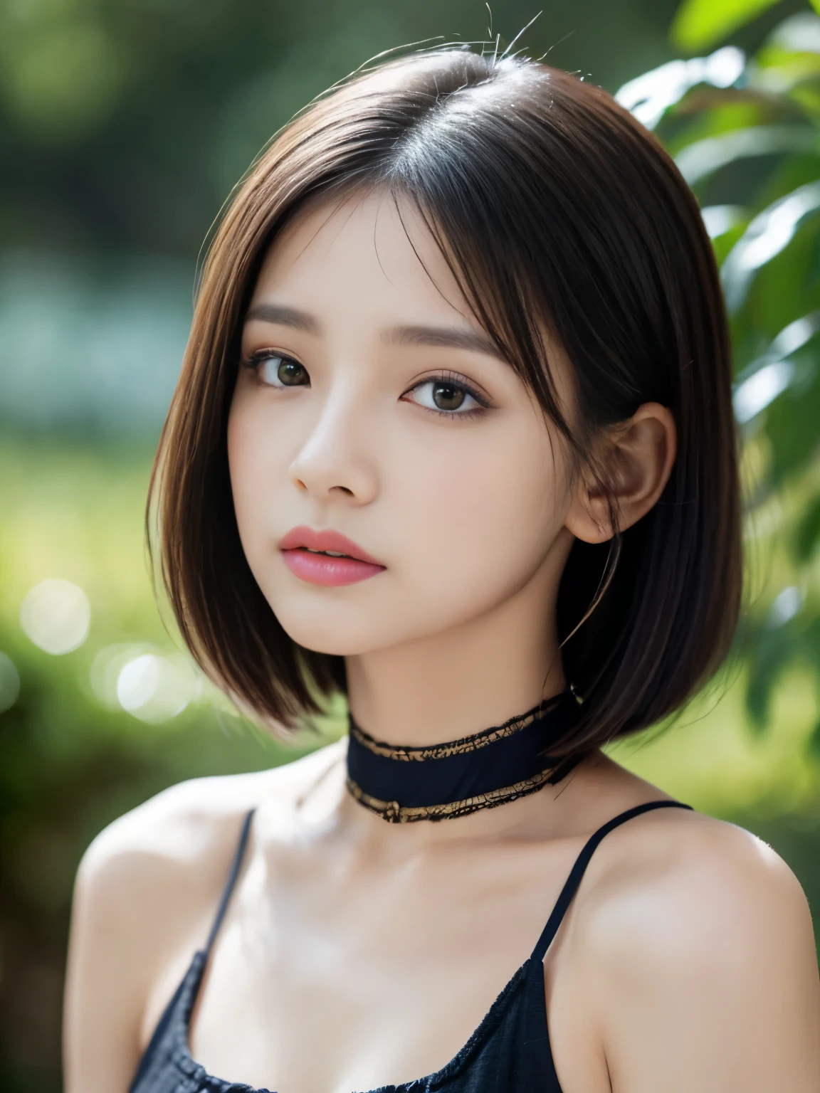 garden、((highest quality、8k、masterpiece:1.3))、Beautiful girl、1 female、Big Tits:1.3、Slim figure:1.1、Are crying:1.4、Black Hair、Very Short Hair、Racing Tank Top、Underbab、mini skirt、ダメージデニムmini skirt、choker、Ultra detailed face、Detailed lips、Detailed eyes、double eyelid、Kneel、Place your hands behind your head、