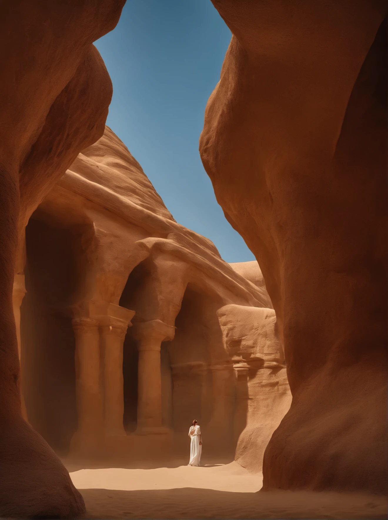 Cinematic images，Hyper-realistic，Ultra-wide viewing angle，Vast desert，oases，ruins，The scene is，super-fine，Detailed pubic hair，stereoscopic perspective，Works of masters，detail in face，super-fine，16K resolution，high qulity，Movie Lighting，High picture detail，dynamic viewing angle，Detailed pubic hair，Epic shooting，oc rendered