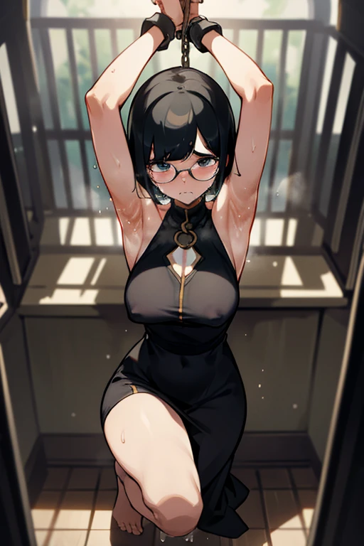 woman,Black Hair、short hair、Bobcut、Big eyebrows、成熟したwoman、Big Lips、Visible nipples、Large Breasts、L Cup Breast、Crying face、Watery eye、刑務所に排尿するwoman、Black maxi dress、Squat positions、Spread your legs、Sweat、barefoot、Front of body、In the cage、Round Glasses、Chained hands、Exposed armpits、Hairy armpits、Armpit hair、Urine spilling from the crotch