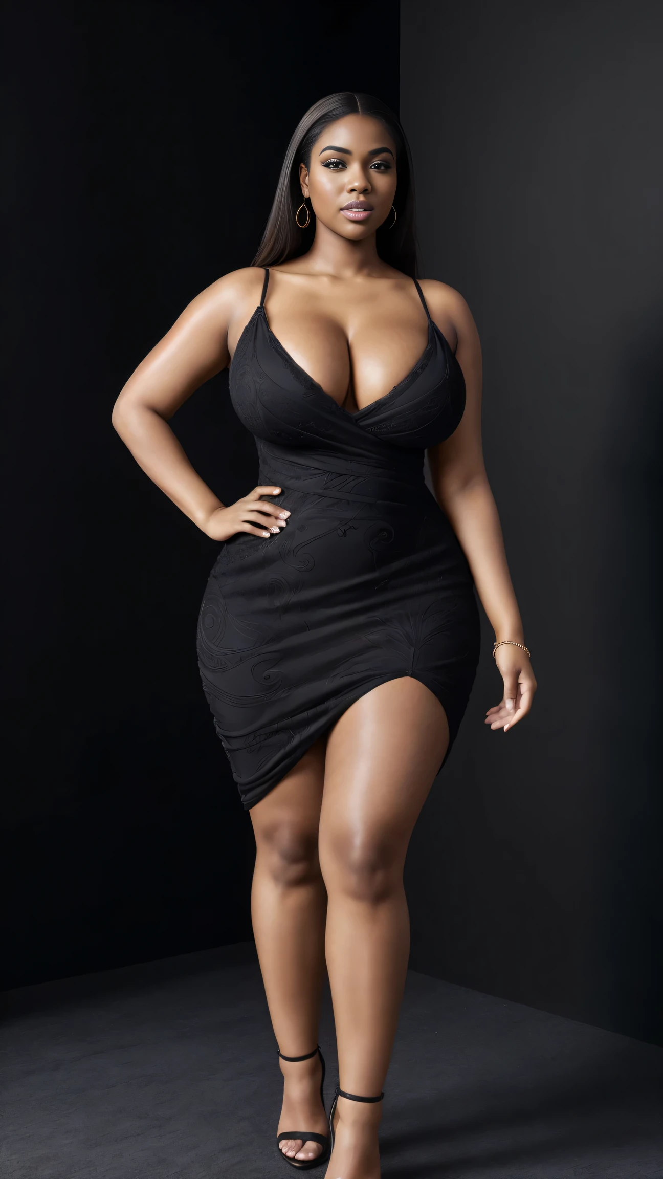 (best quality, ultra-detailed, realistic:1.37),portrait,voluptuous woman,flower,tight dress, Random dress color, passionate look,large buttocks,vibrant colors,soft lighting, standing, full body view, extreme tall, long legs, very tall, tall, black skin, front view, legs slightly apart
