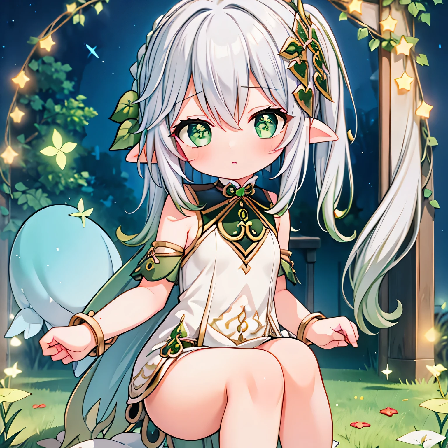 girl, flat breasts, silver hair, green eyes, elf, elf clothes, looking to the camera, chibi, embarrassed, ashamed, legs