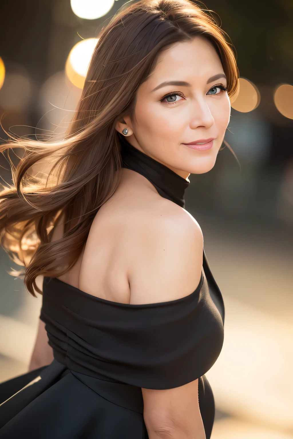 Caucasian brown haired woman, 50 years old, goddess, bloom, Lens flare, (8k, to be born, Professional, highest quality, masterpiece:1.2), (Realistic,photoRealistic:1.37), Very detailed, Back view, (25mm portrait wide angle), (Most detailed skin:1.2), (The most detailed face:1.2), Cinema Lighting, 1 female, European, Straight brown hair, (the wind is strong), Death Files on Fashion Events, ((At night)) Warm White Light, Looking at the camera, ((Fashion Complex Black Dress)), polite smile
