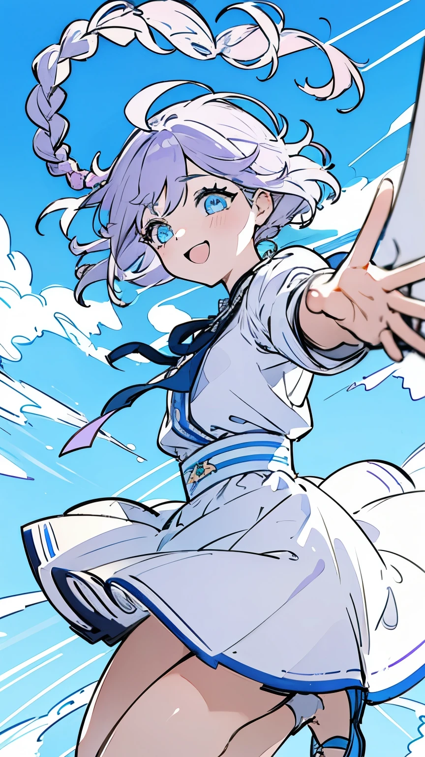 Line art, masterpiece, highest quality, Super Detail、Braid,(((Sketchy touch))),Light purple hair、Beautiful bright blue eyes,Multi-colored hair,Beautiful clear blue sky,A sky with a beautiful background,Laugh happily、The breeze is blowing,Jump