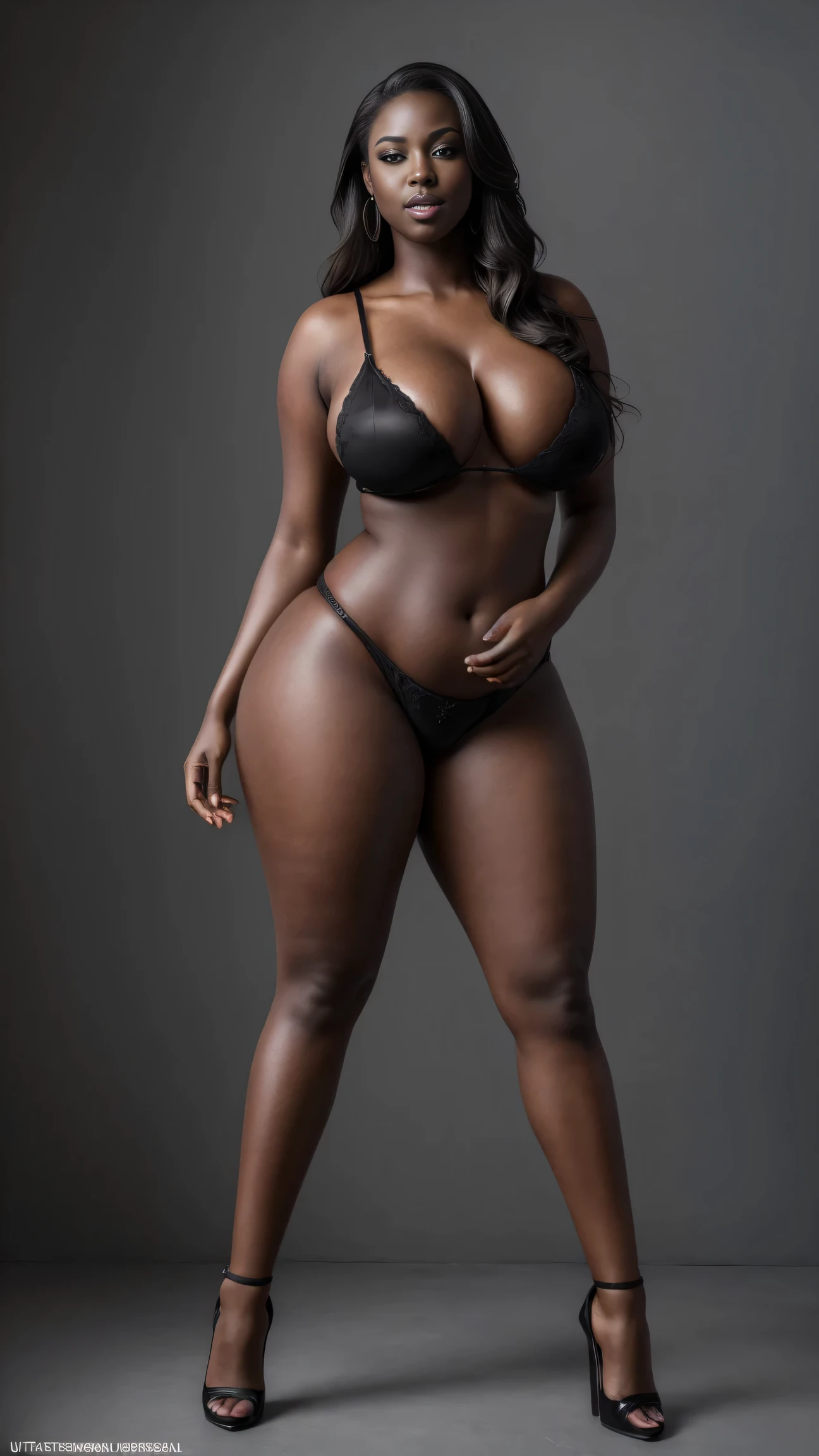 (best quality, ultra-detailed, realistic:1.37),portrait,voluptuous woman, passionate look,large buttocks,vibrant colors,soft lighting, standing, full body view, extreme tall, long legs, very tall, tall, black skin, front view, legs slightly apart