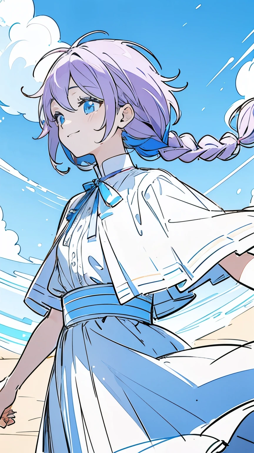 Line art, masterpiece, highest quality, Super Detail、Braid,(((Sketchy touch))),Light purple hair、Beautiful bright blue eyes,Multi-colored hair,Beautiful clear blue sky,A sky with a beautiful background,Laugh happily,