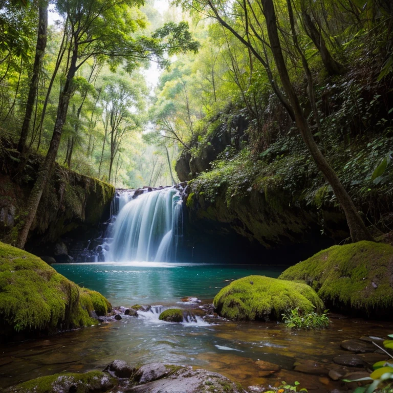 foto ultra realista de uma floresta com montanhas